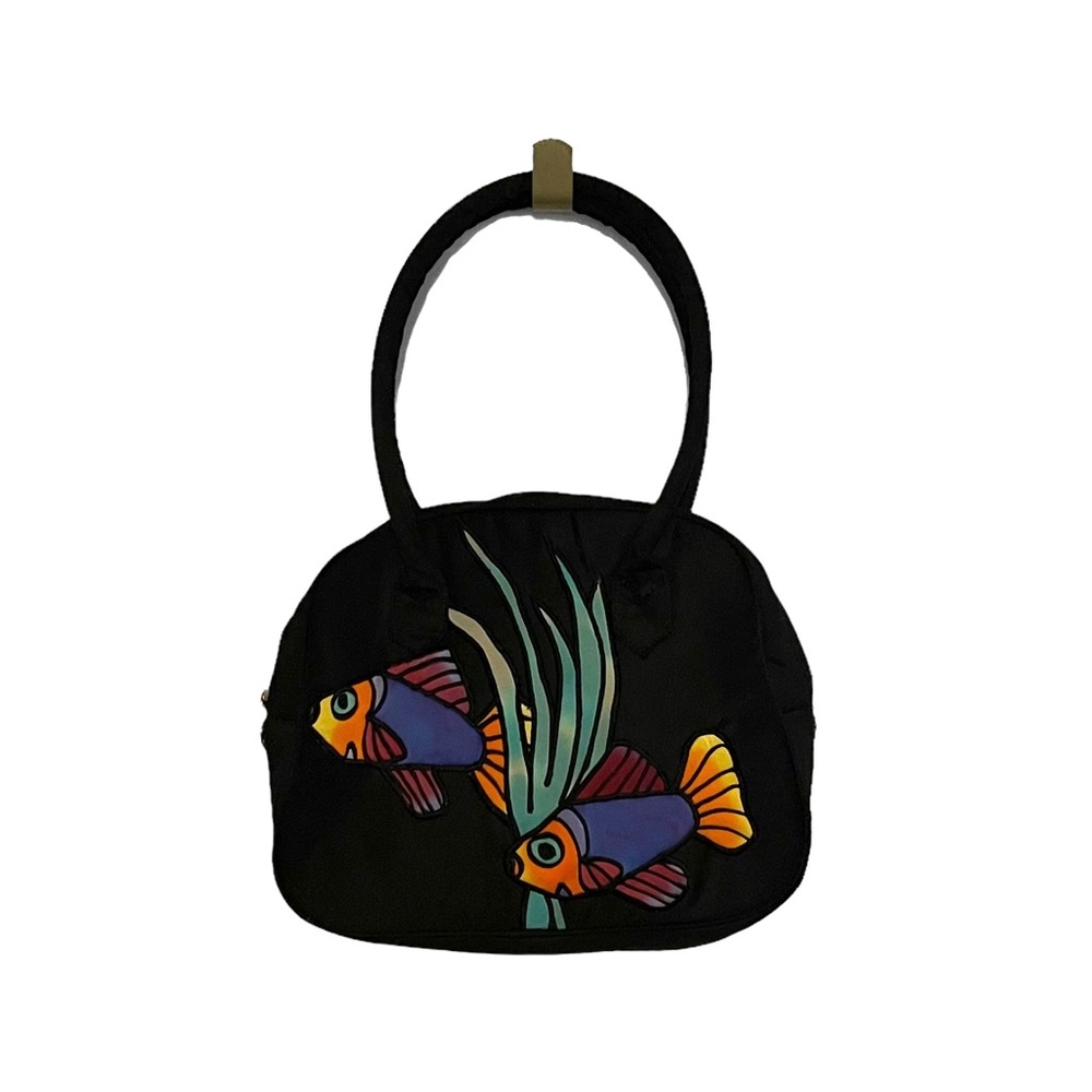 SILKSCAPES vintage quilted handbag fish black tropical two sided pattern
